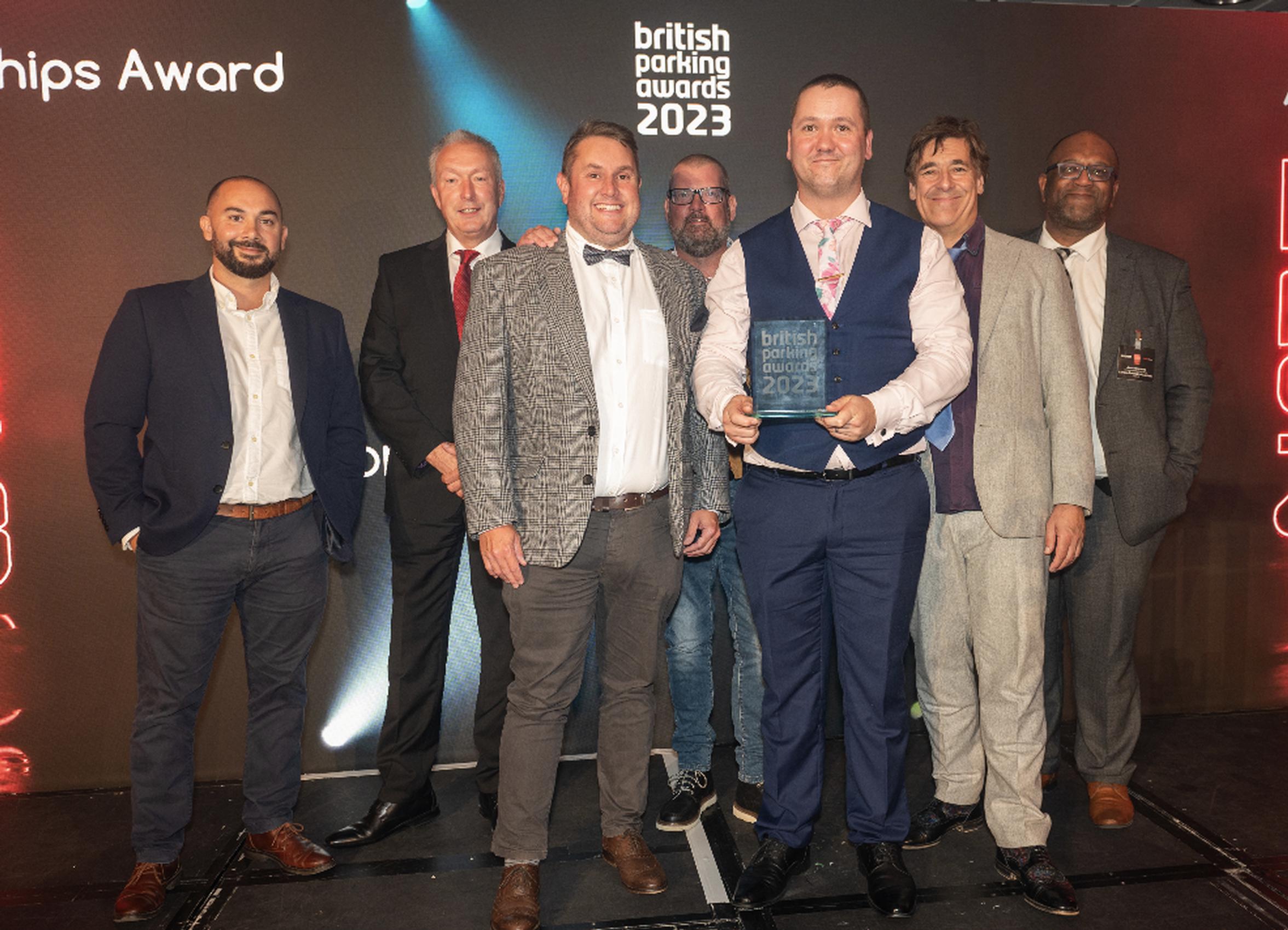 Adam Stout from APT Skidata (category sponsor) with Lambeth Council’s Steve Davidson, Andy Skilton, Grant Jones, Tom Gallagher, awards host and Lambeth’s Jean-Marc Moocarme