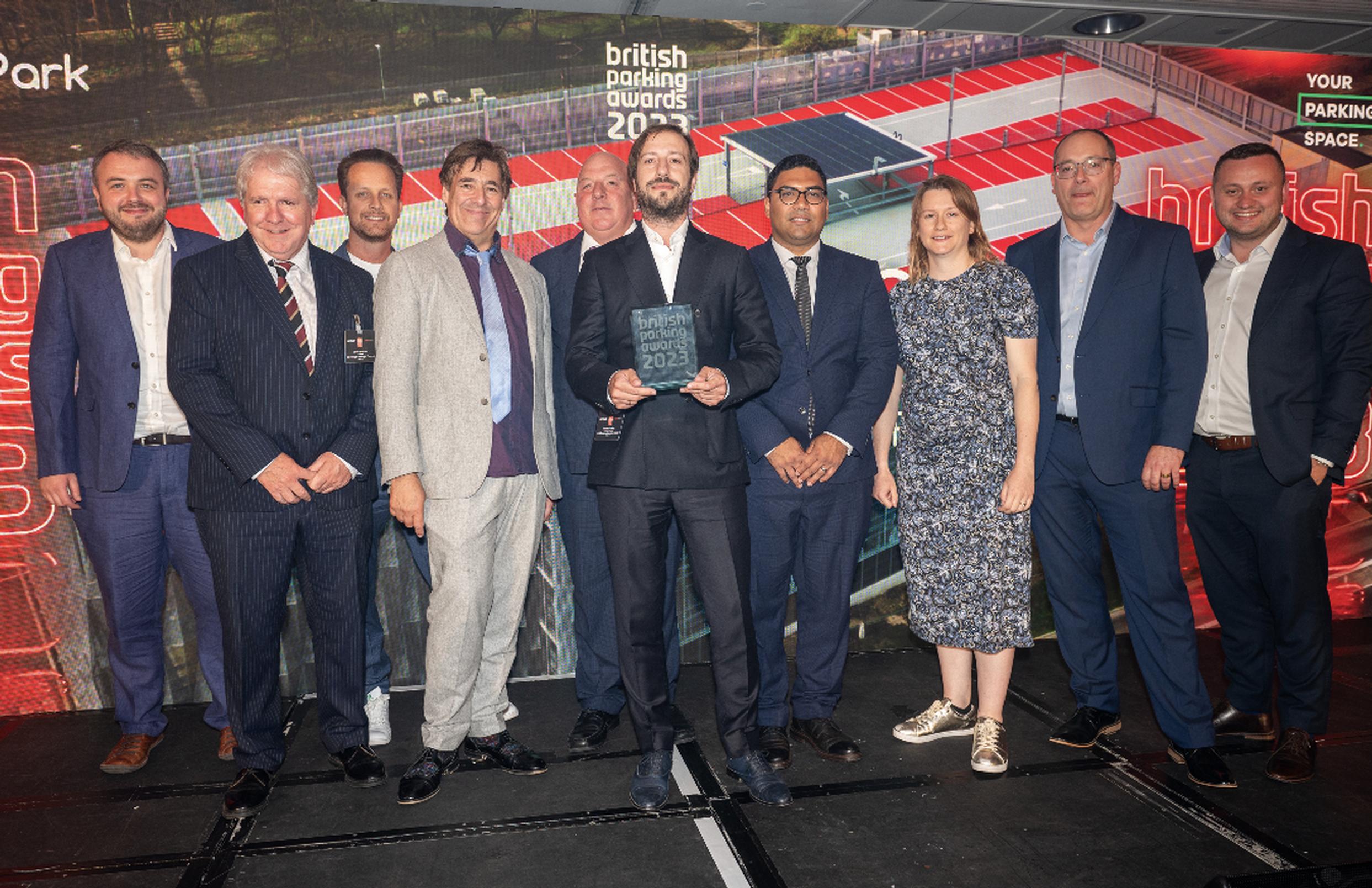 Dan Gullock (Fatkin), Cllr Lloyd Briscoe (Stevenage Borough Council), Phil Chater (HUBER car park systems), Mark Steel, Andy Gough (Stevenage), Naoum Karikas and Carlos Laclaustra (HUBER), Fiona Petch (Fatkin), Justin Beckingham (HUBER) and Brannan Coady of YourParkingSpace (category sponsor)