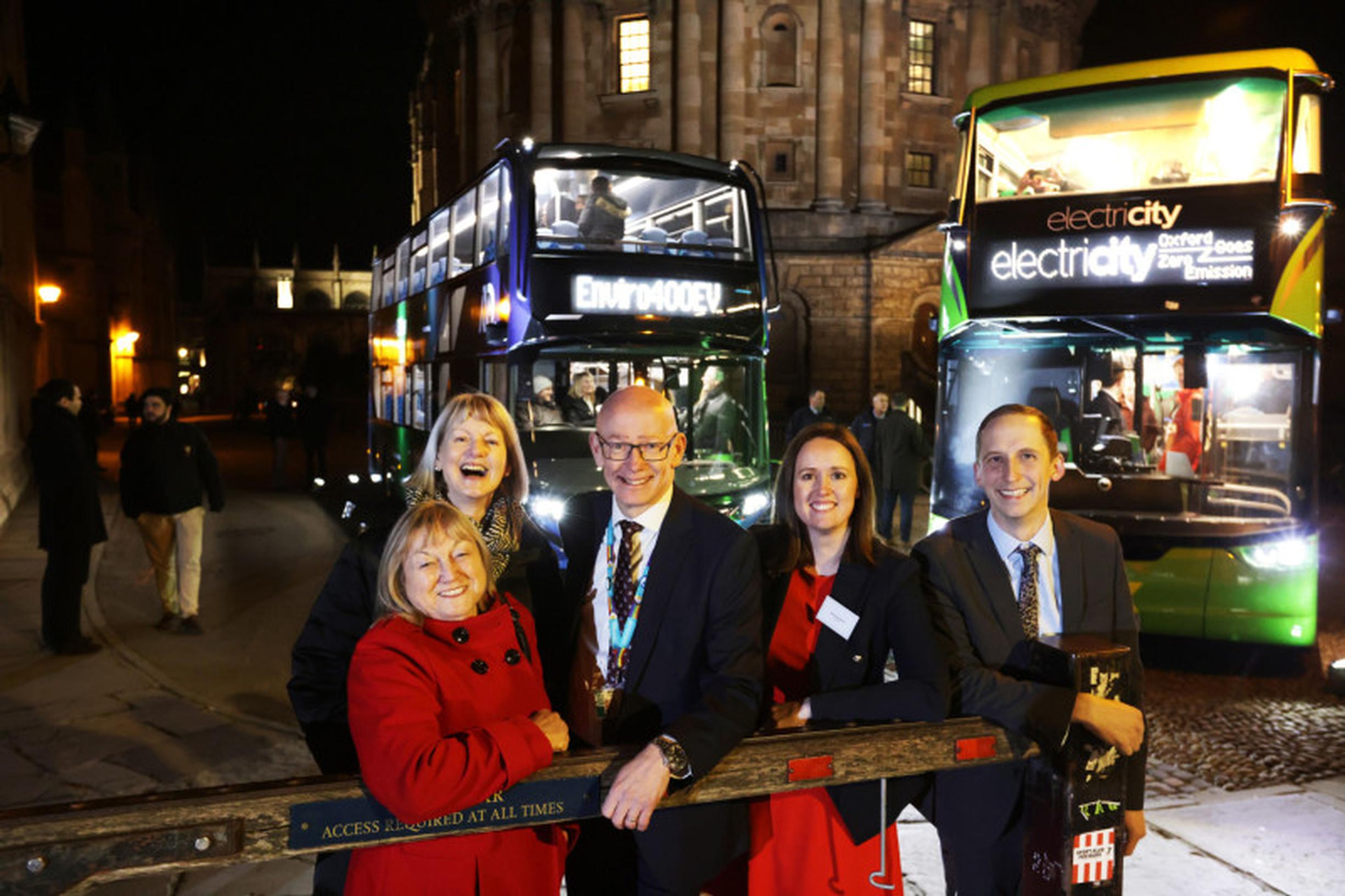 From left: Oxfordshire County Council Cabinet Member Judy Roberts, Leader Liz Leffman, CEO Martin Reeves, with Stagecoach MD Rachel Geliamassi and OBC MD Luke Marion