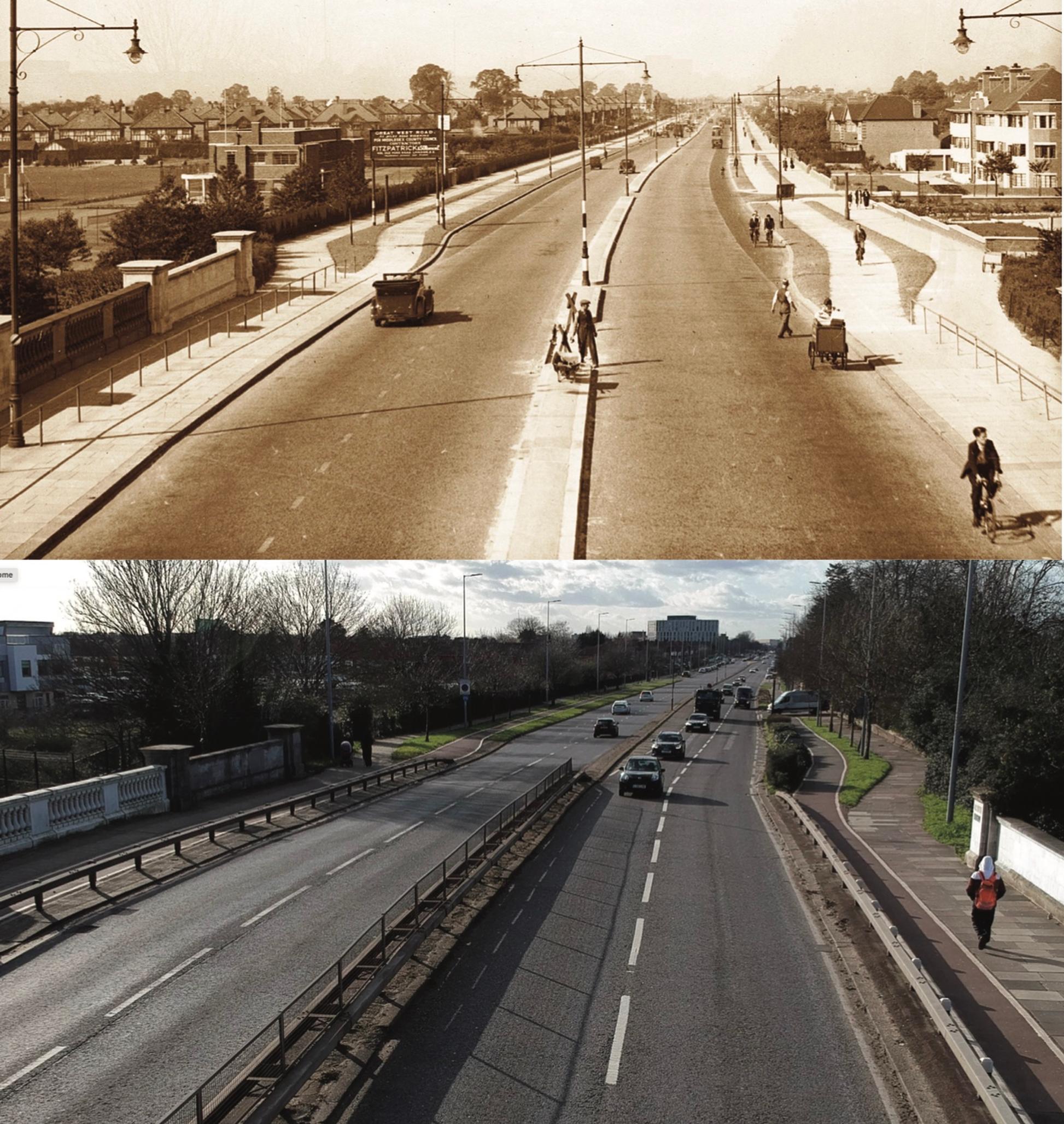 A pair of cycleways on the new A4 Great West Road in West London in the 1930s and the same location today