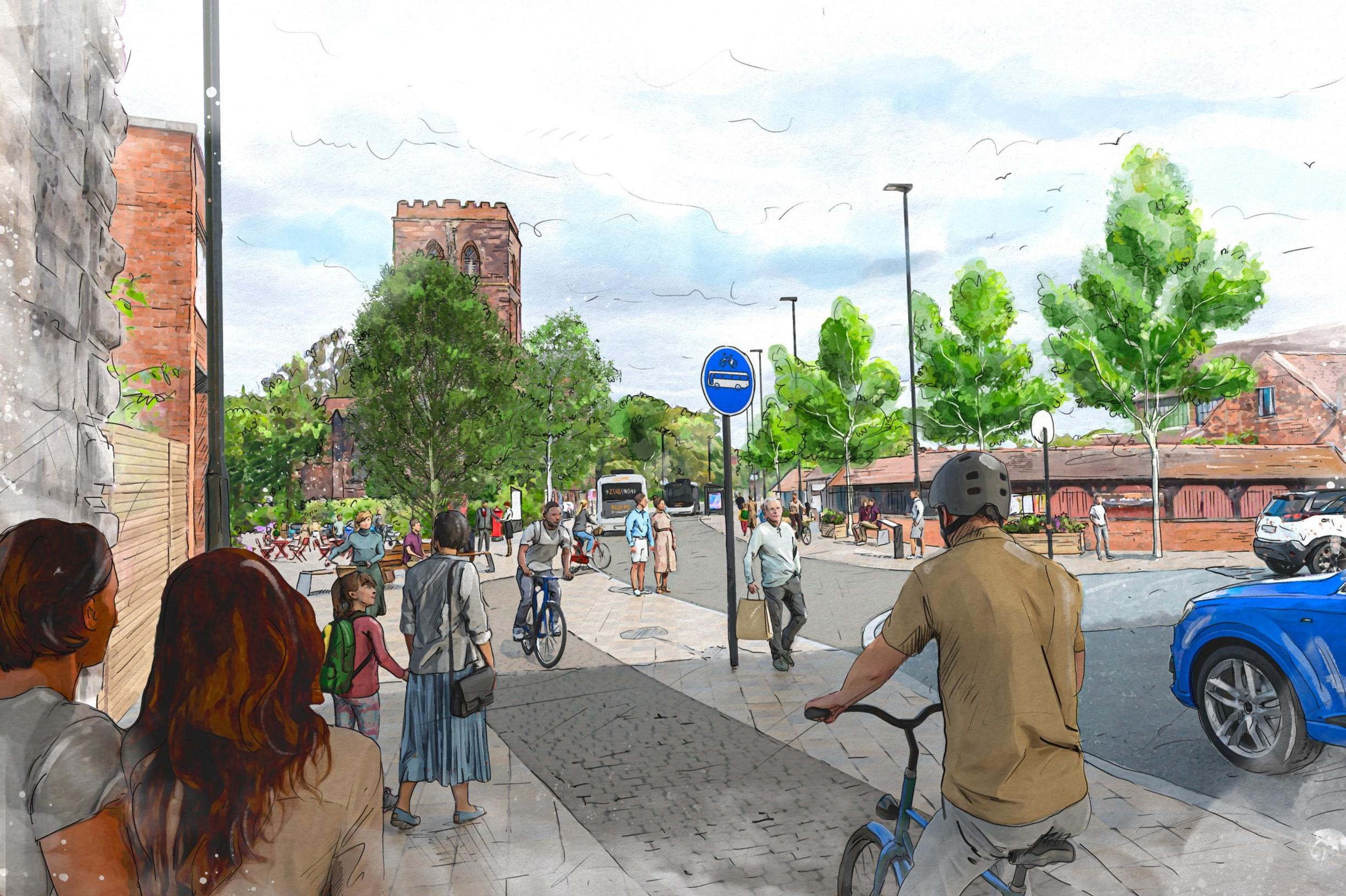 Visualisation of the new look Abbey Foregate in Shrewsbury town centre
