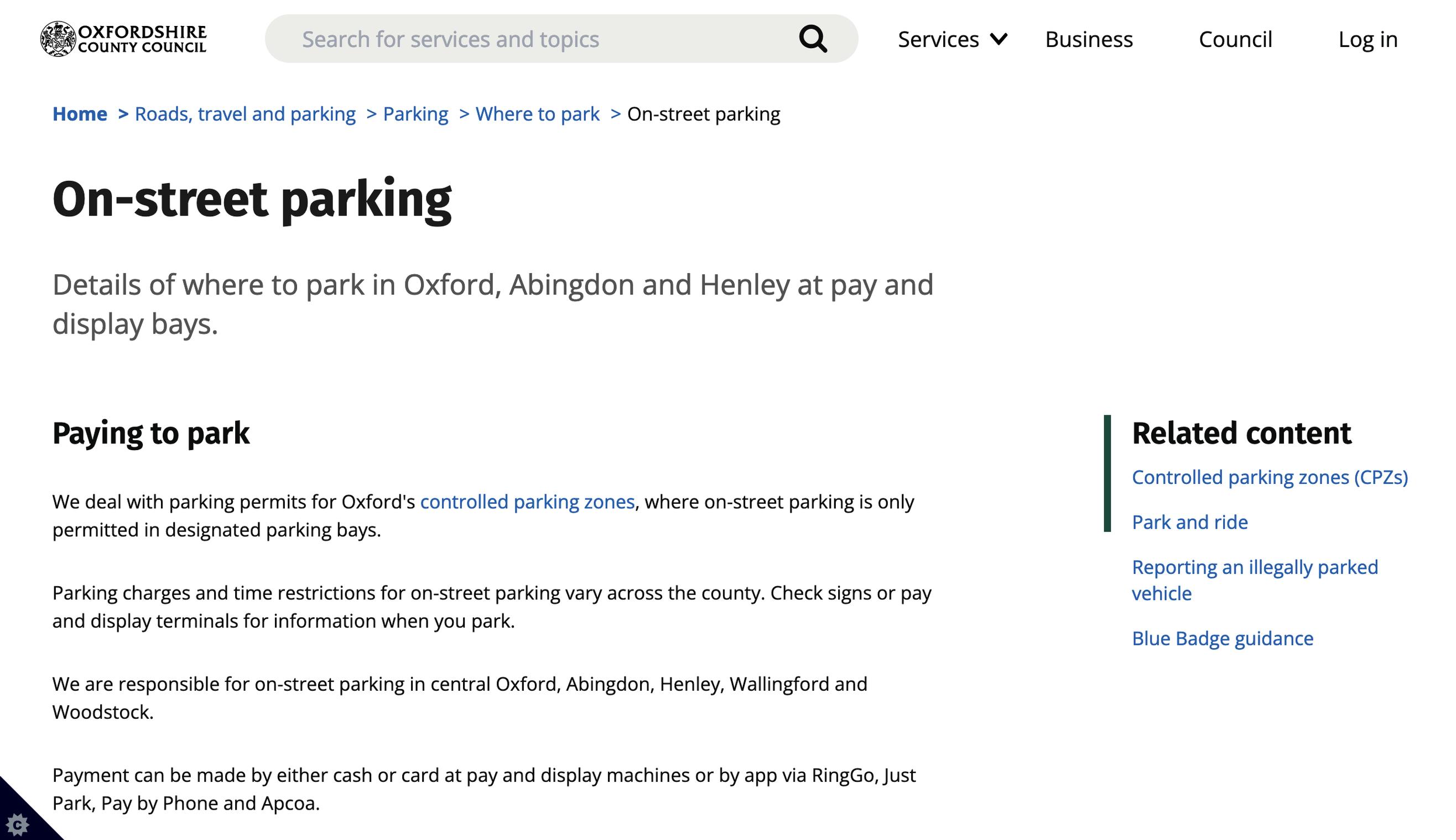 Oxfordshire`s parking website