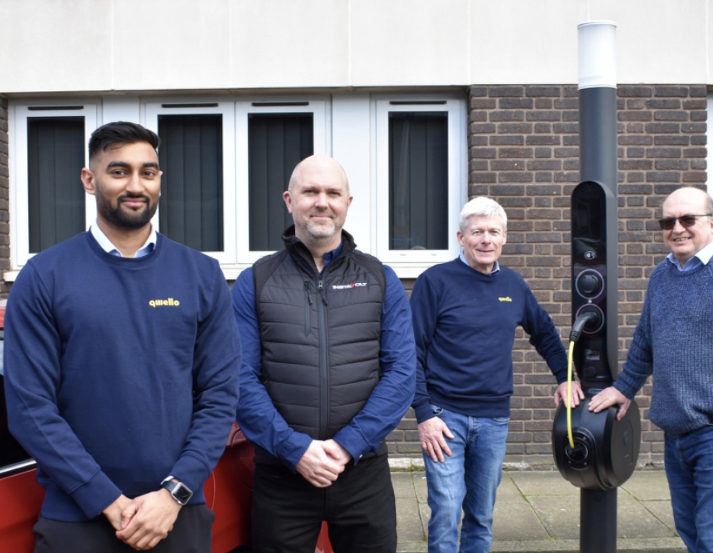 (l-r) Druvesh Desai, project manager at Qwello (UK), Simon Smith, chief operating officer at InstaVolt, Martin Hale, managing director at Qwello (UK), and Cllr Andy Mackiewicz, cabinet portfolio holder for climate change and planning
