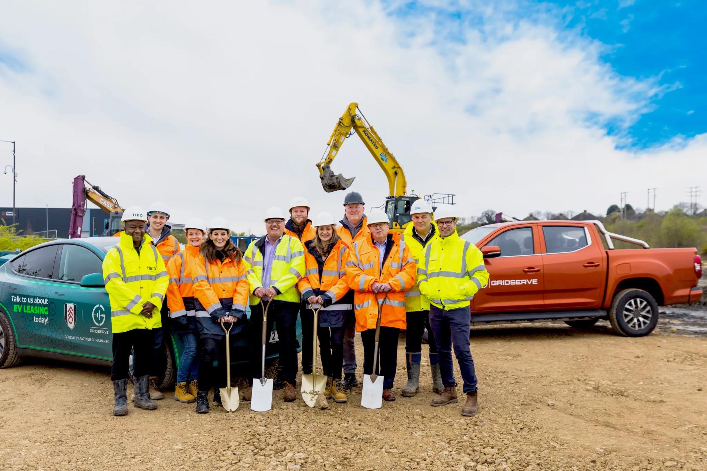 (L-R): Adrian Chaima, project manager HBD, James Dawson-Goodey, senior development manager, GRIDSERVE, Laura Hardy, chief communication officer, GRIDSERVE, Heather Page, chief marketing officer, GRIDSERVE, Peter Storey, head of MEGZ, Derbyshire County Council, Gareth Wilkson, head of construction, GRIDSERVE, Rebecca Trebblem, chief customer experience officer, Mick Wilkie, senior project manager, GRIDSERVE, Cllr Tony King, cabinet member, Derbyshire County Council, Ian Tyson, operations manager, Clegg Group, and Oliver Jenkins, business development manager, Clegg Group