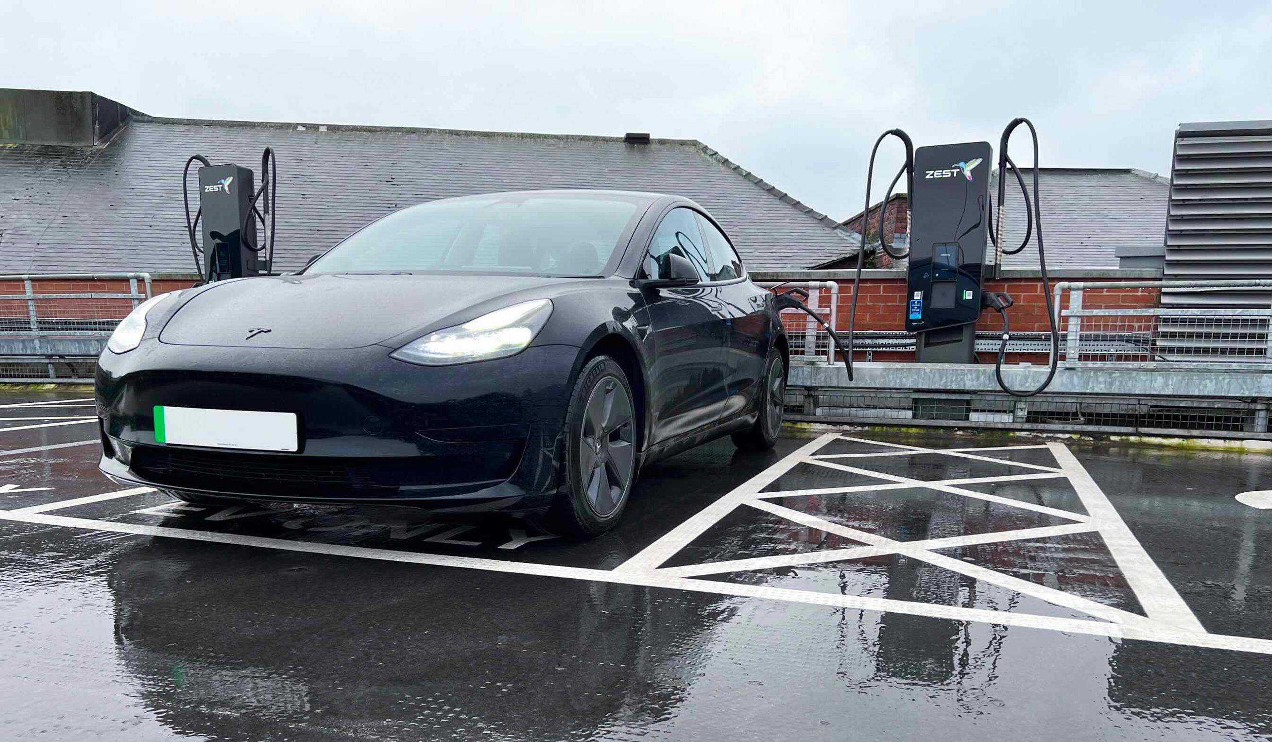 A Tesla charging at the Frenchgate Shopping Centre