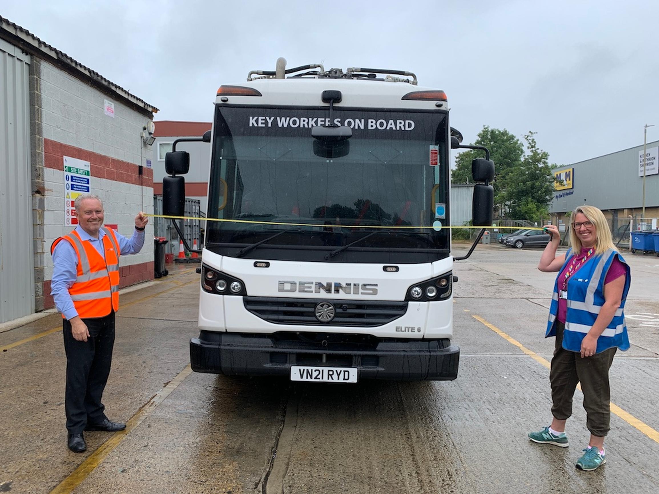 Cllr Charlotte Cornell and Canenco staff member showing the four-metre gap needed for a fire engine to operate at an incident