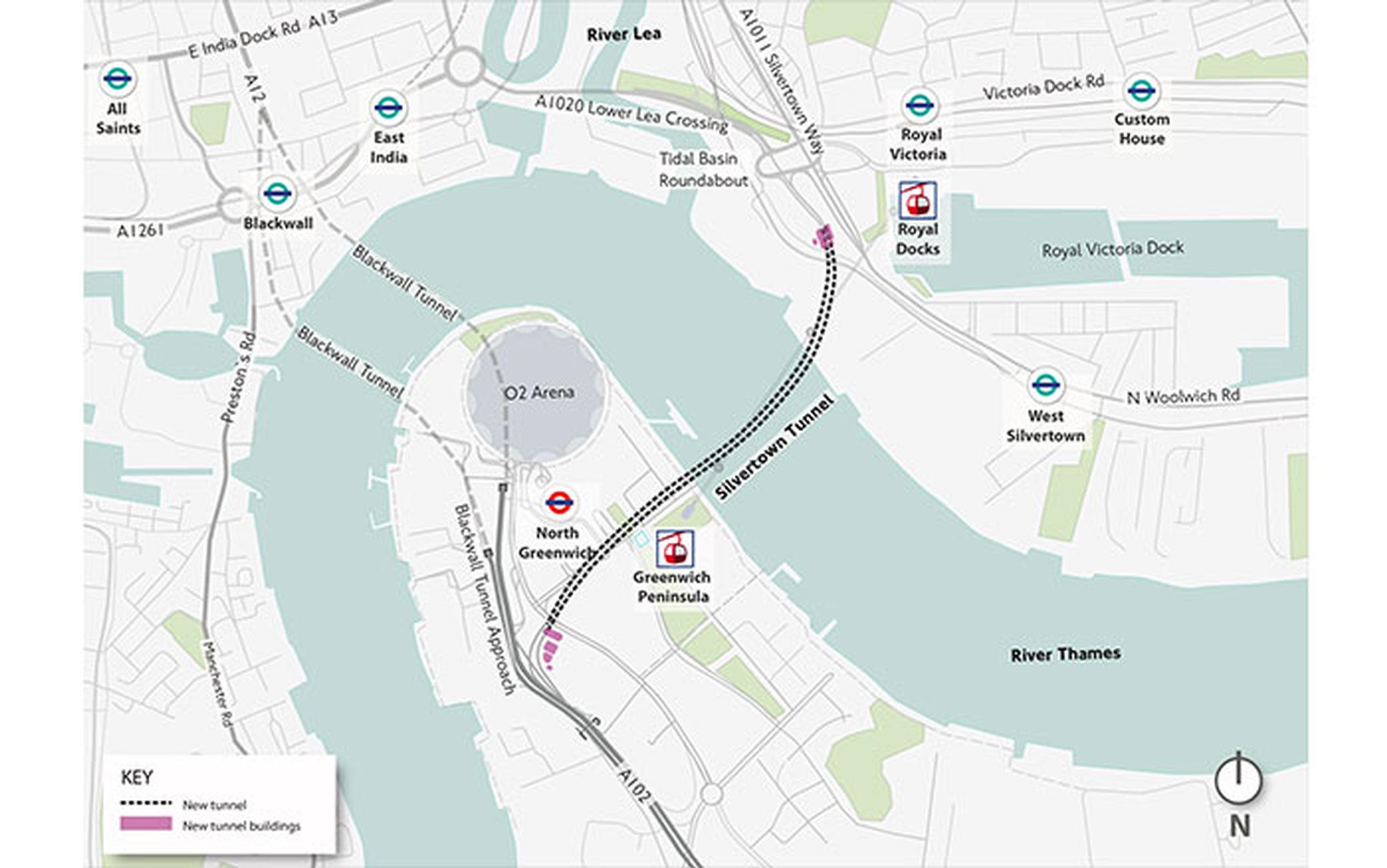 The 1.4km Silvertown Tunnel connects the western end of Silvertown in the Royal Docks to North Greenwich peninsula