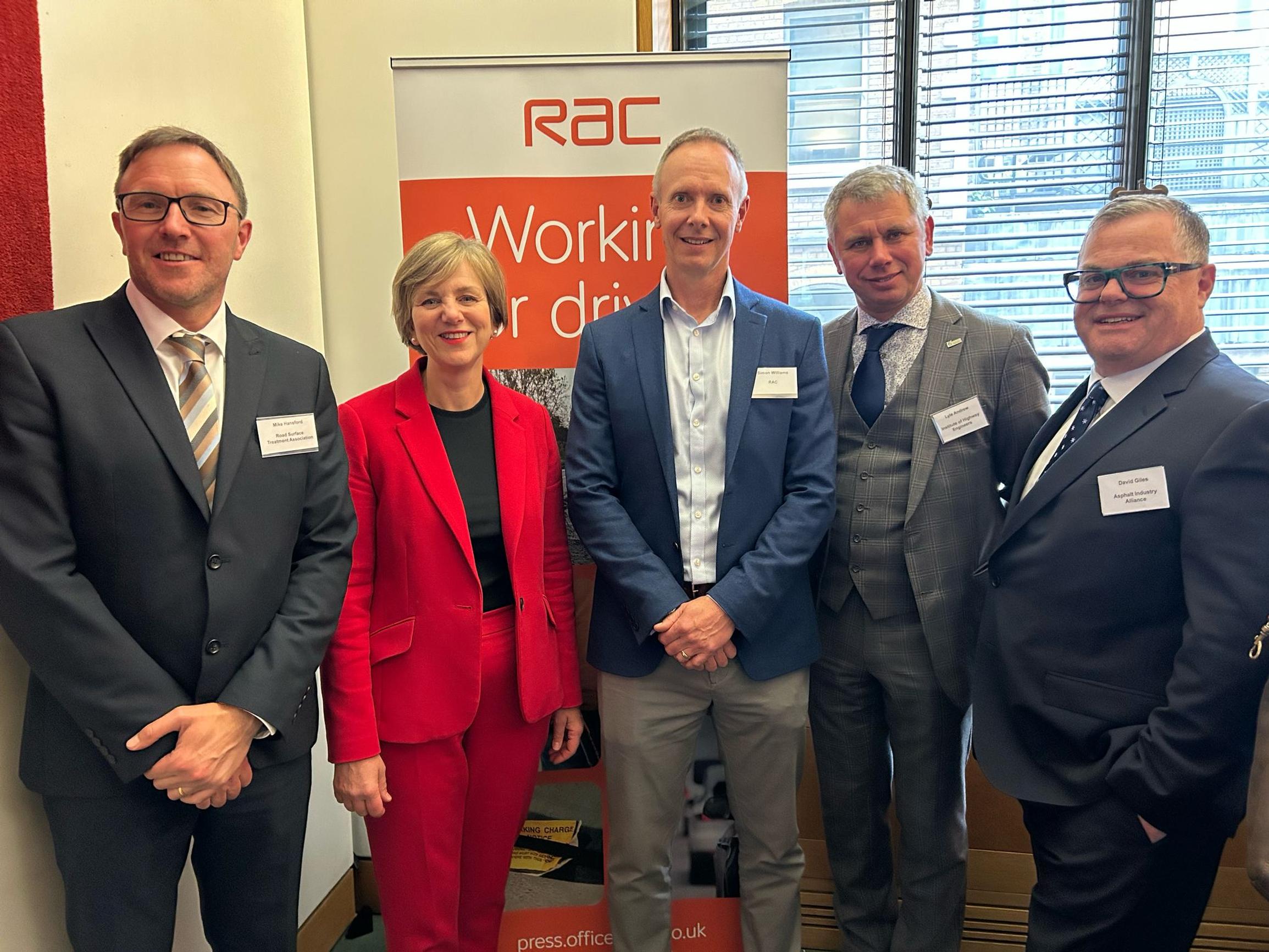 Left to right: Mike Hansford (RSTA); Lilian Greenwood (Future of Roads Minister); Simon Williams (RAC); Lyle Andrew (IHE); David Giles (AIA)