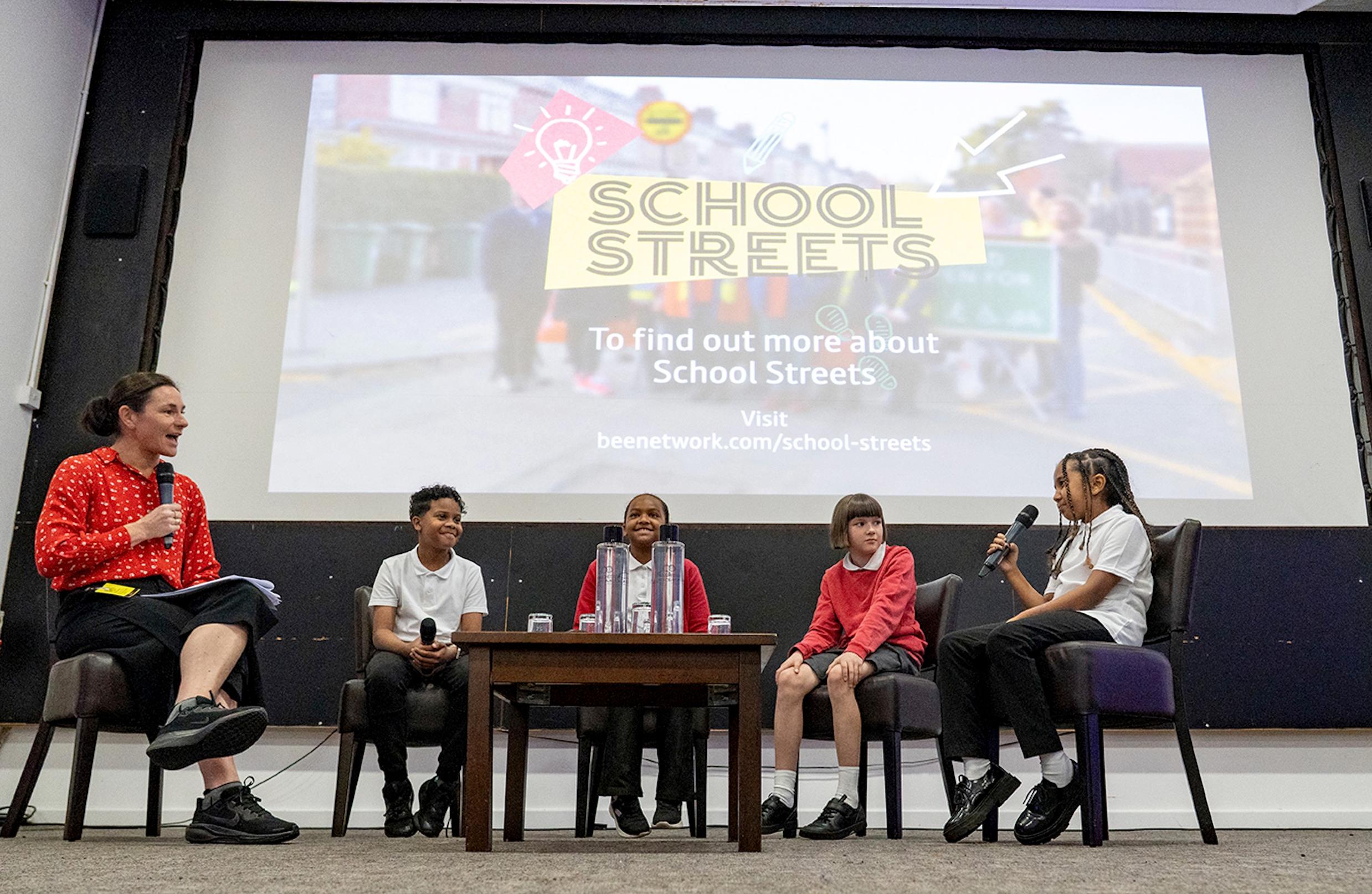 Dame Sarah Storey discusses School Streets with children from Seymour Park Community Primary PIC: TfGM