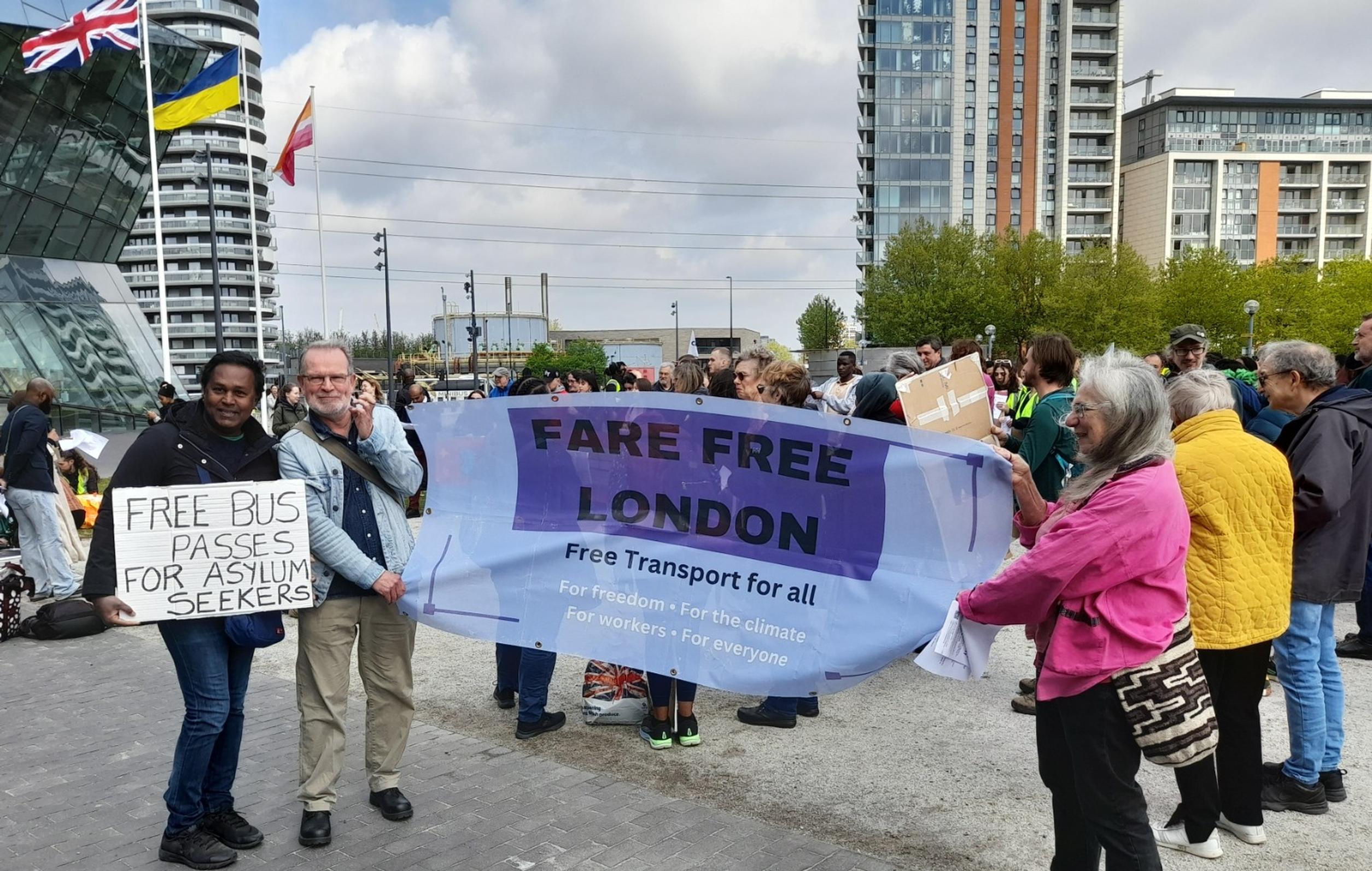 Fare Free London took part in a rally at City Hall calling for free bus travel for refugees and asylum seekers
