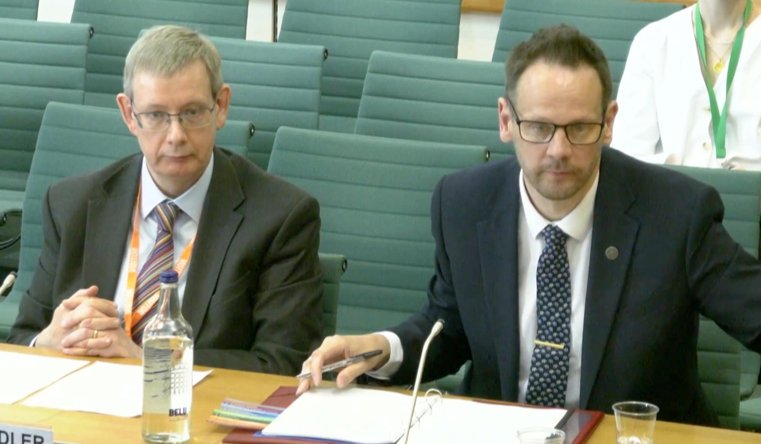 DfT’s Director for Buses and Inclusion Stephen Fidler (left) and Local Transport Minister Simon Lightwood at the Transport Committee hearing