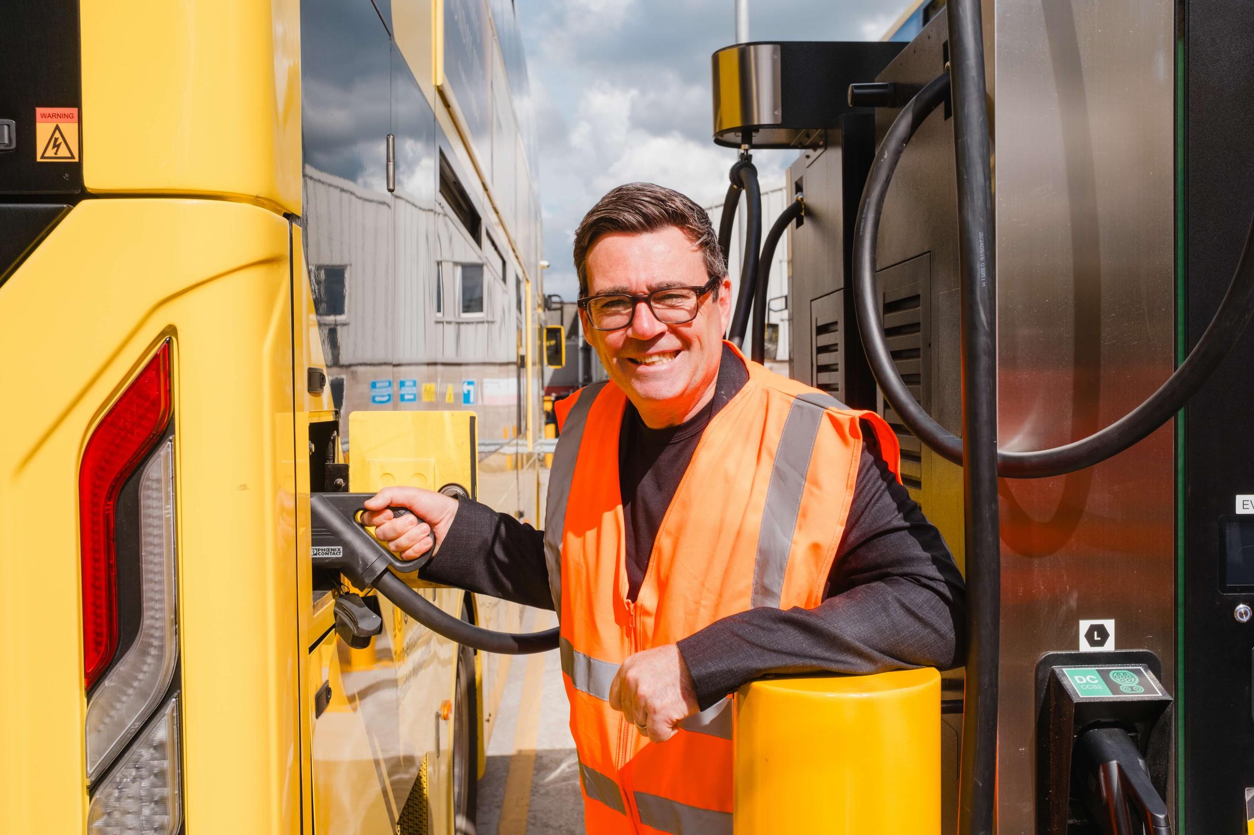 Andy Burnham at the Ashton bus depot in Tameside, which is now fully electric, and home to 80 zero emission buses