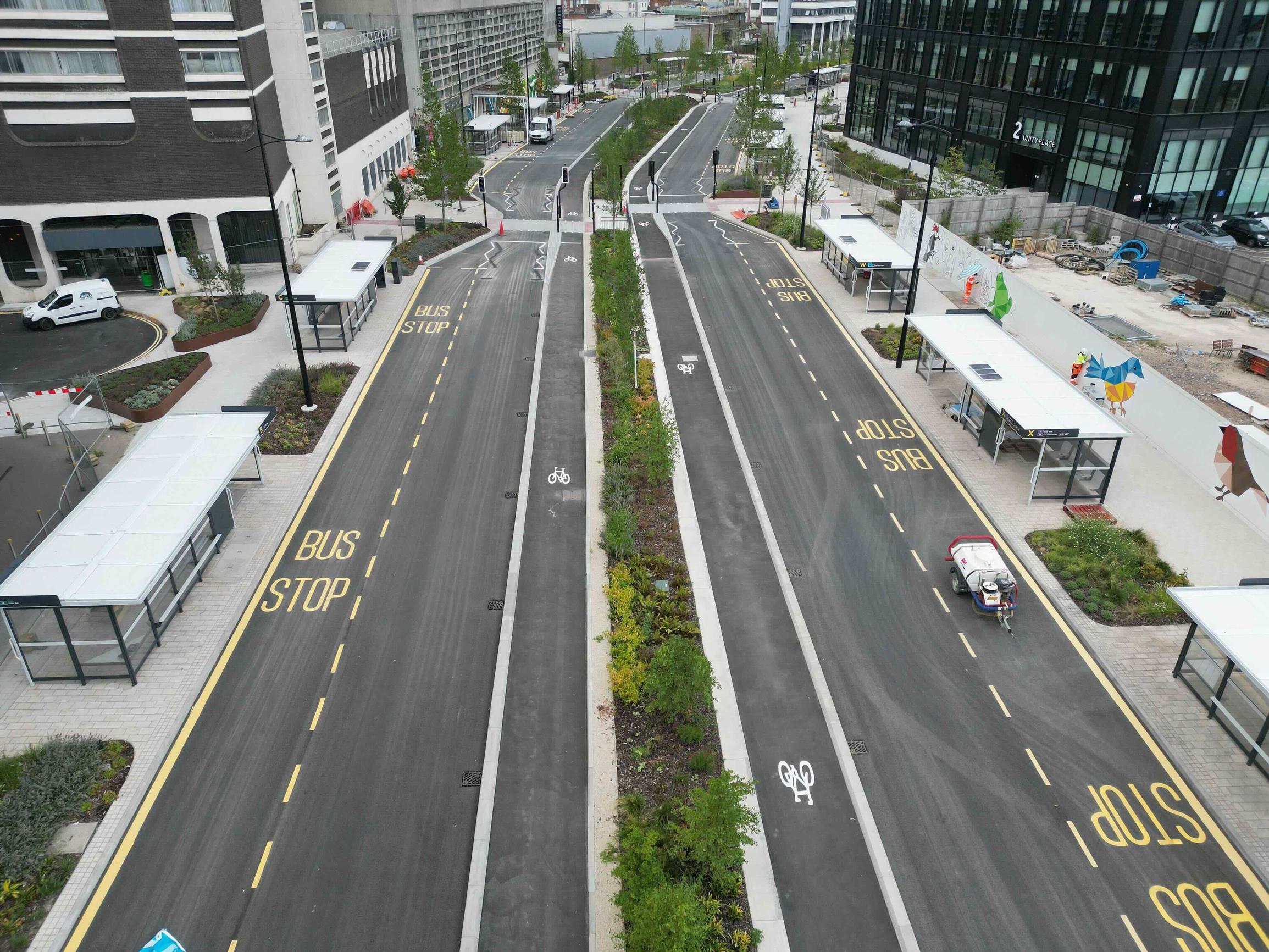Bus interchange, cycle lanes and improved public realm feature in Swindon’s transport hub