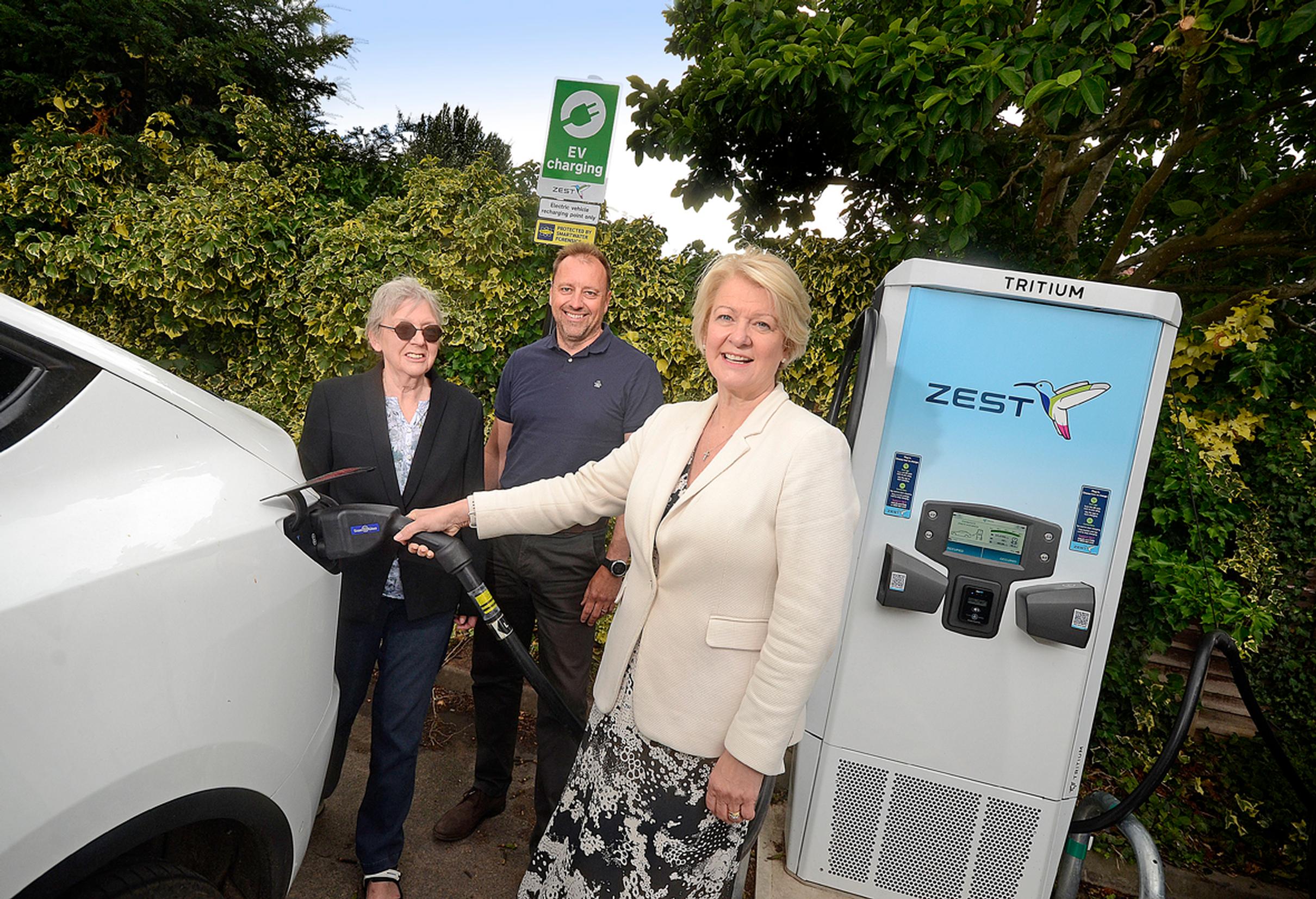 Cllr Sue Baxter, Zest CEO Robin Heap and Cllr Karen May with the new Bromsgrove chargers