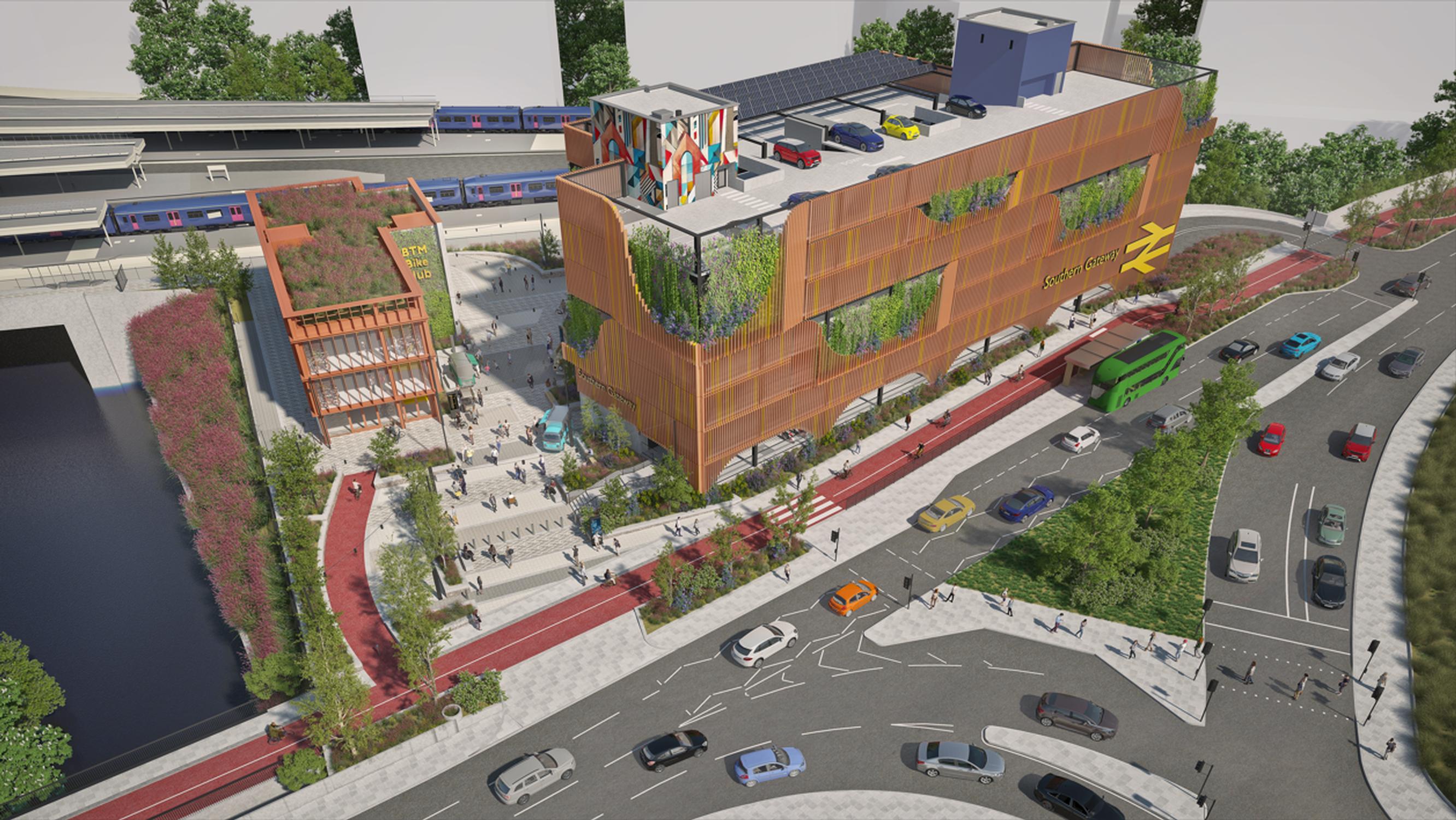 Image showing the Southern Gateway car park, next to the Bath Road/A4. A second building is on the left, close to Temple Meads station. This is the cycle hub.