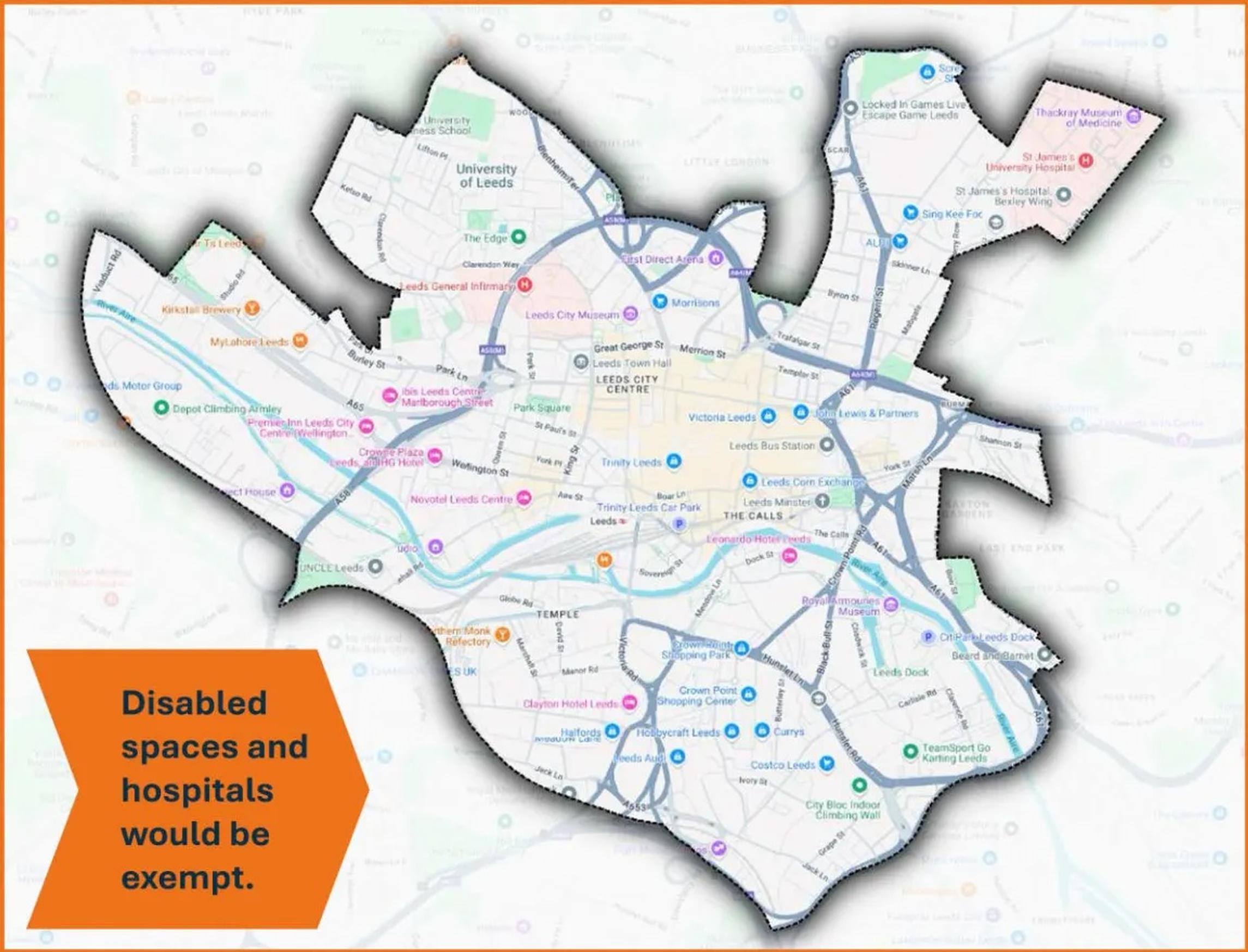 A map of the proposed boundary for the Workplace Parking Levy. Disabled spaces and hospitals would be exempt, along with fleet vehicles, and the charge would only be levied on businesses with 10 or more parking spaces.