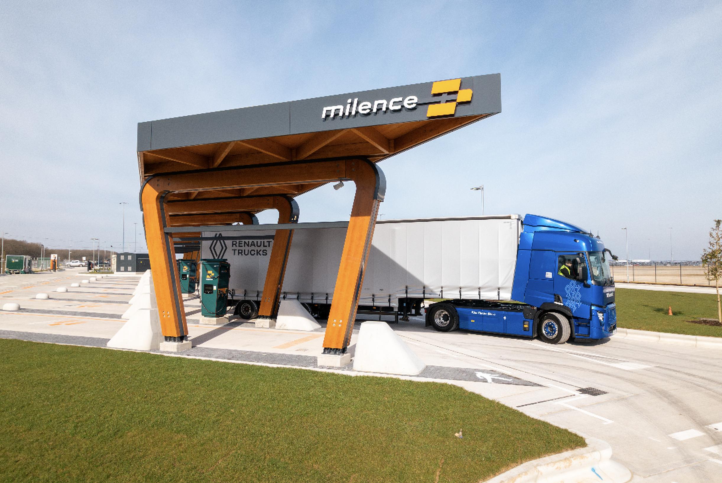 A Renault e-HGV being charged at Milence hub