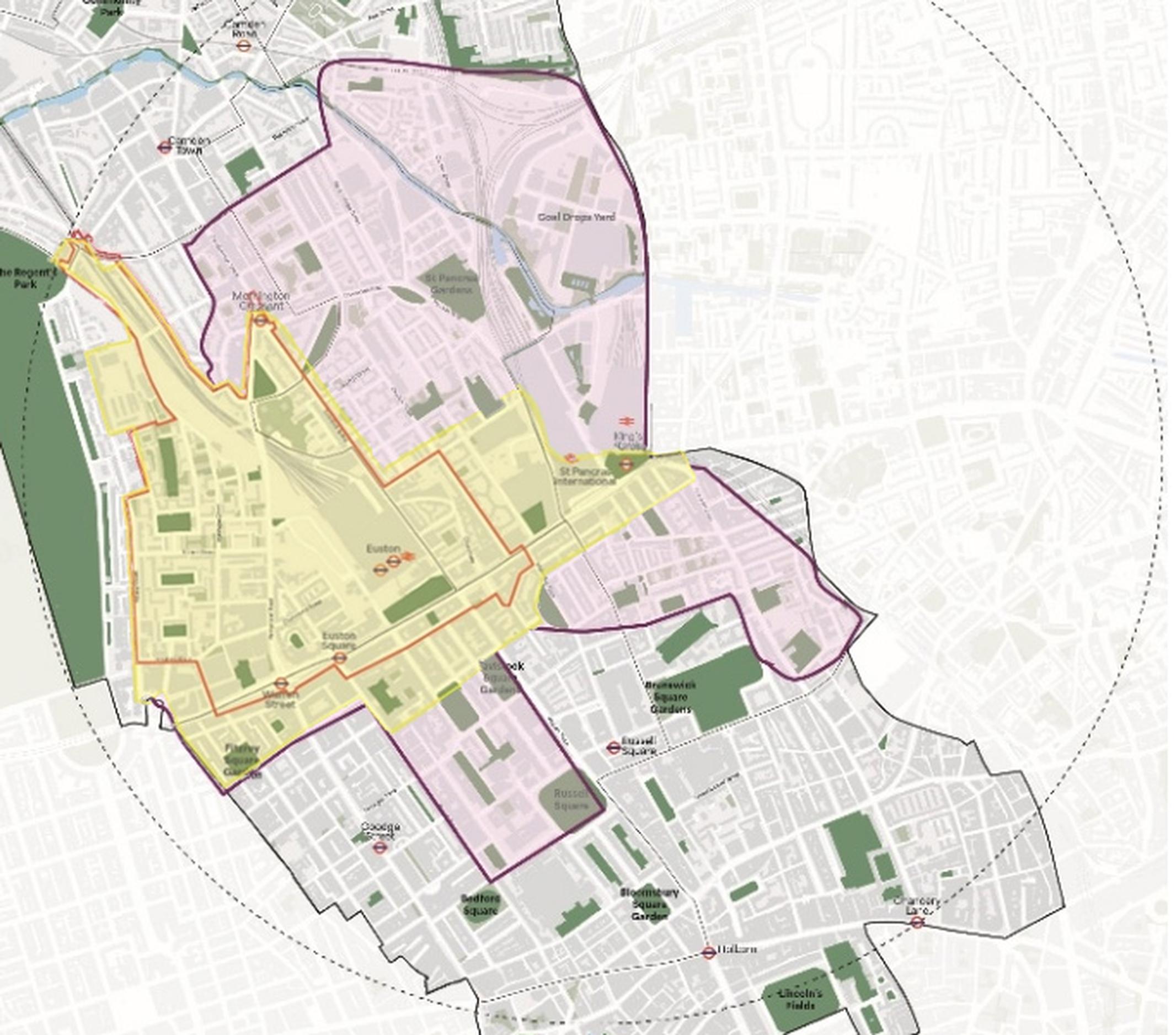 What the new agency will take responsibility for. Yellow shows core proposed area around Euston Station and along Euston Road to King’s Cross, with potential expansion in purple embracing Somers Town to the north and some areas further south