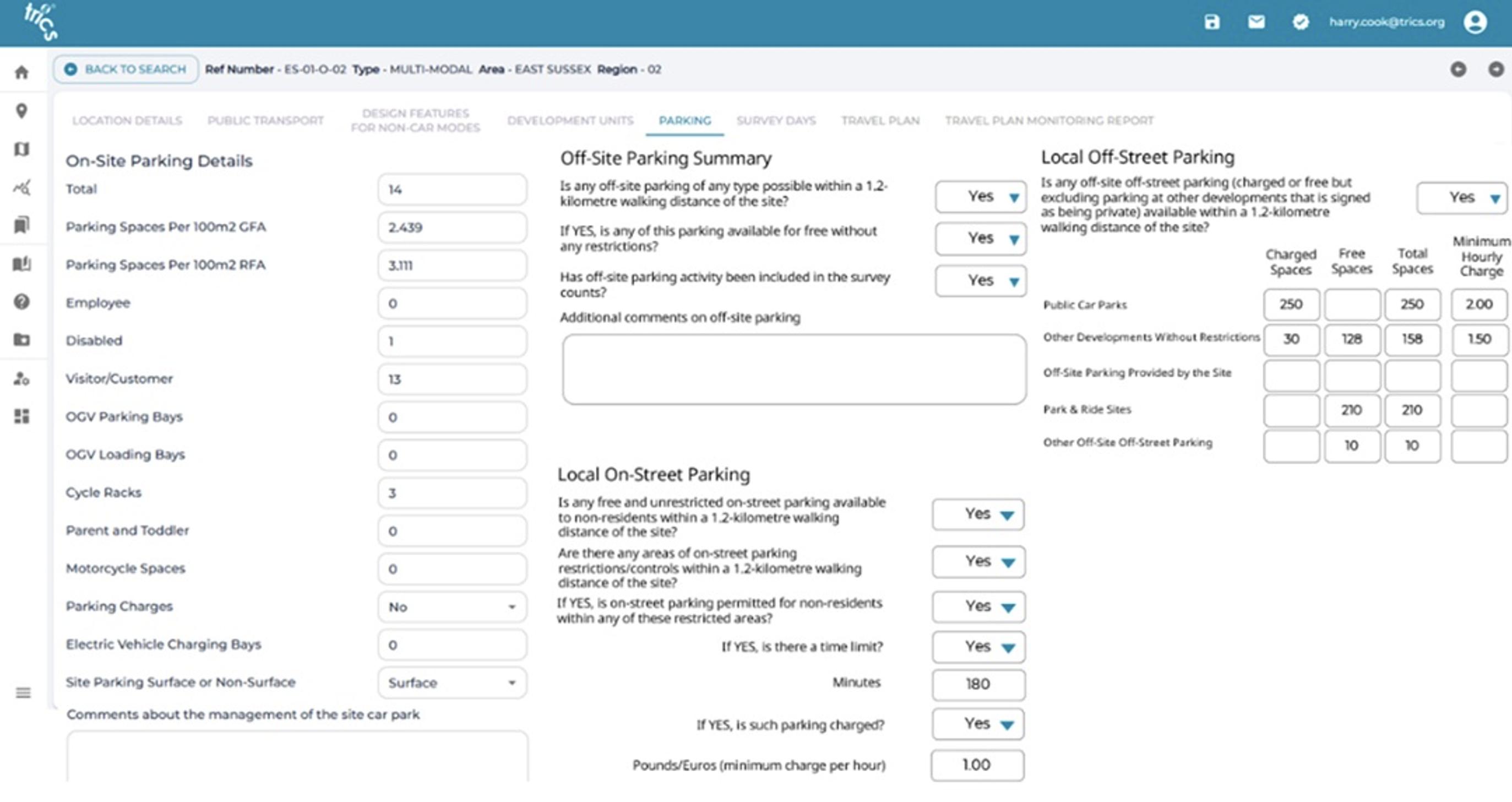 A TRICS parking data collection form