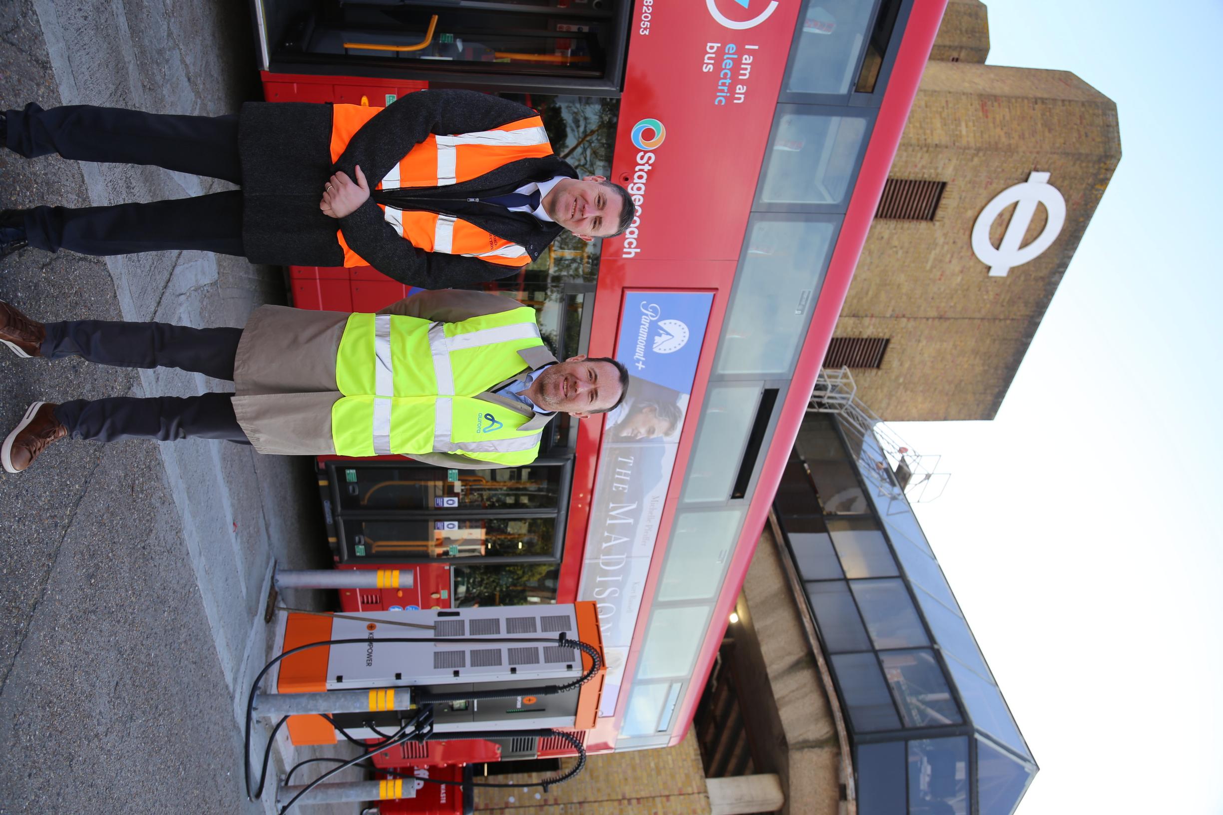 Tony Cockcroft, asset management and infrastructure director at Stagecoach, and Simon Reilly, CEO of Aurora Utilities, at Stagecoach’s Ash Grove depot with EV charging capabilities recently connected by Aurora