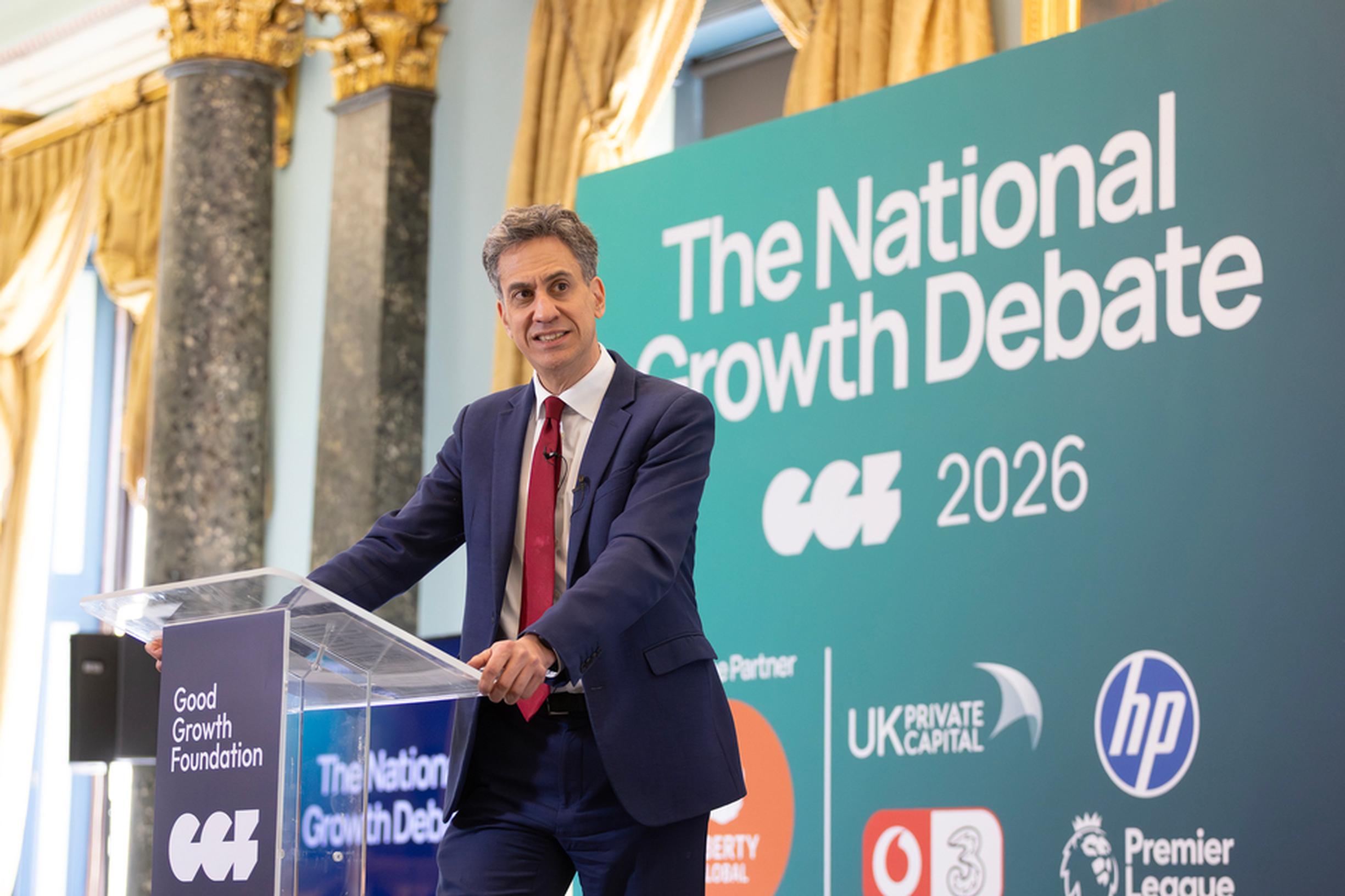 Transport secretary Ed Miliband speaking at the Good Growth Foundation`s National Growth Debate