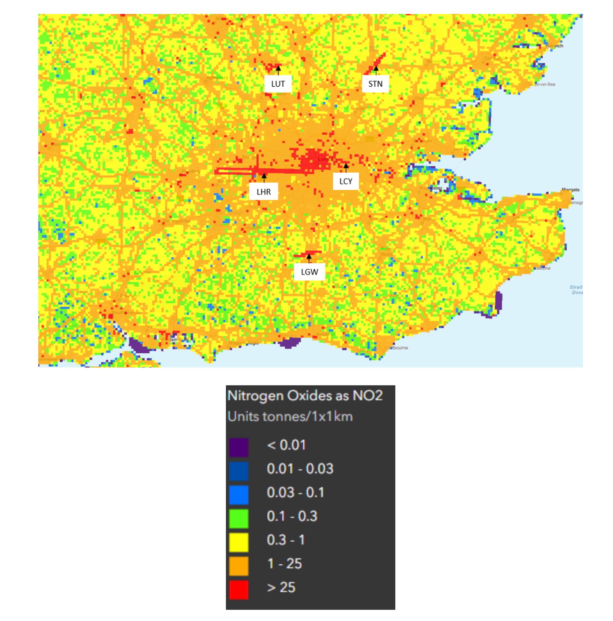 Map showing annual NOx emissions for South East England for 2024. Labels show the locations of the runways of Heathrow (LHR), Gatwick (LGW), Stansted (STN), Luton (LTN) and London City Airport (LCY).