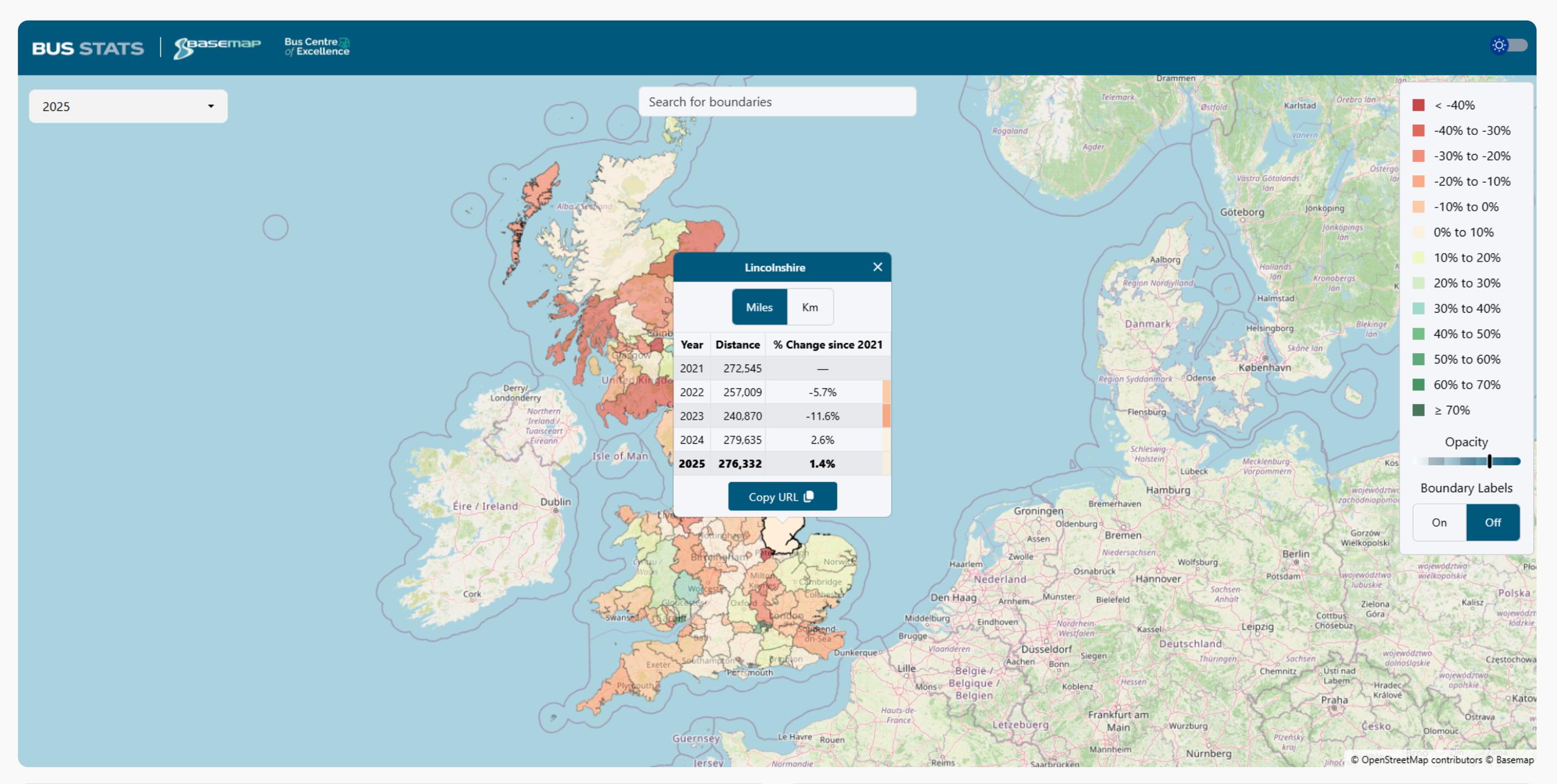 The interactive bus mileage map created by Basemap